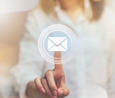 Hand of business woman pressing button icon email, Concept of communication and working online.